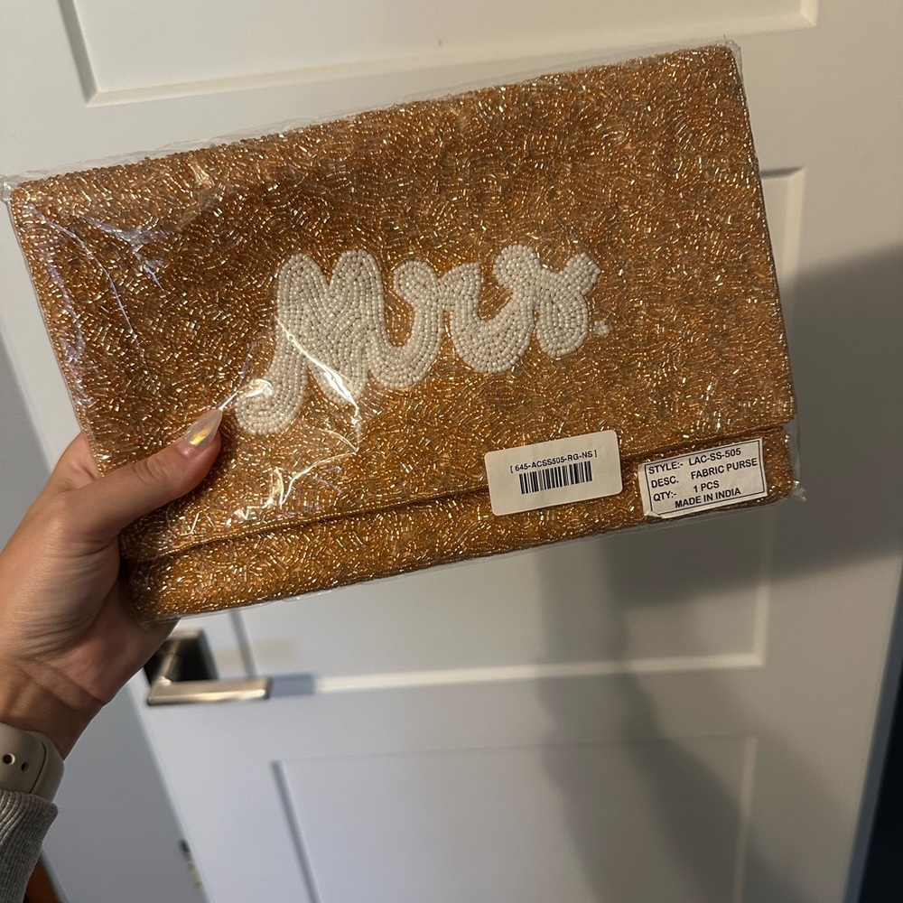 MRS Pop The Champagne White And Rose Gold Beaded Clutch